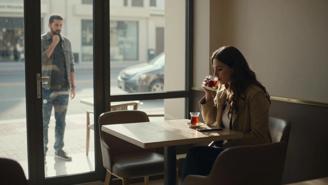 A woman sits alone in a quiet café at dawn, while a man watches from outside, unsure whether to approach.