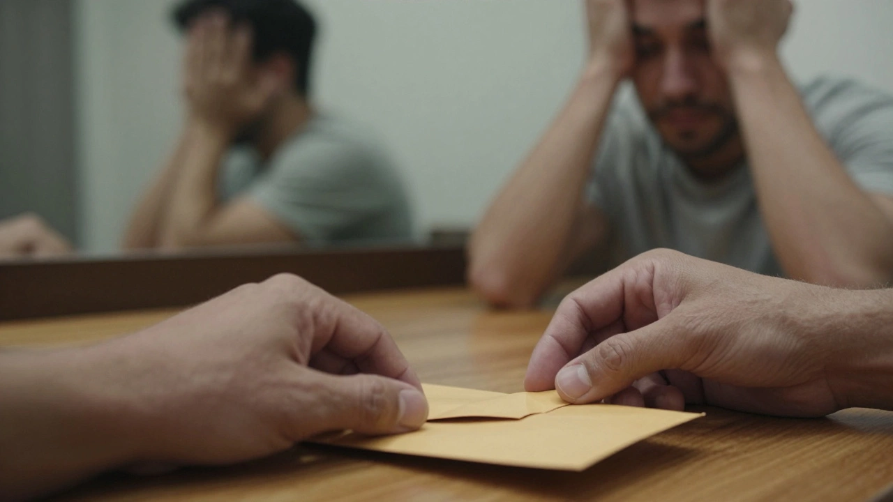 Two hands hover near a cash envelope — one offering, one hesitating — in a moment of emotional tension.